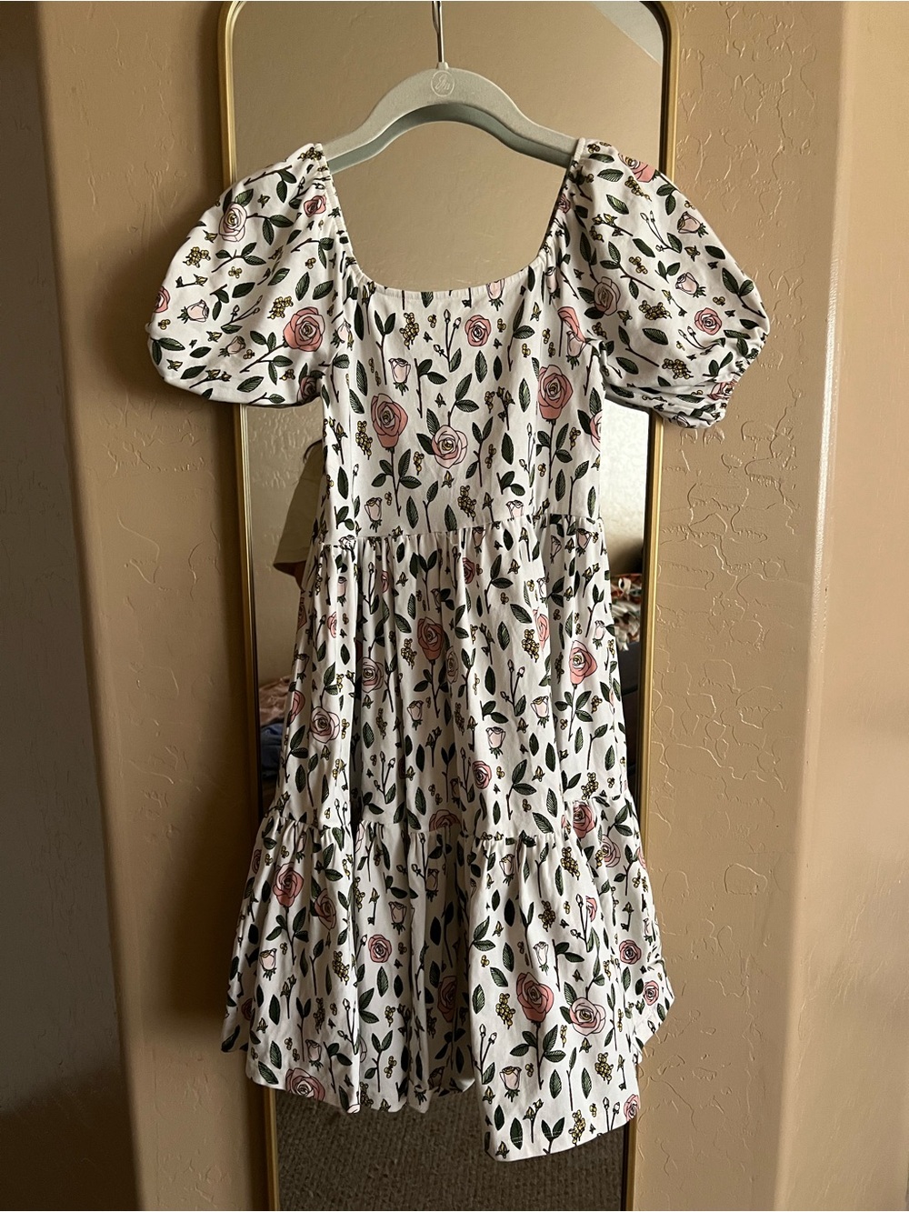 White Floral Puff-Sleeve Tiered Dress for Girls